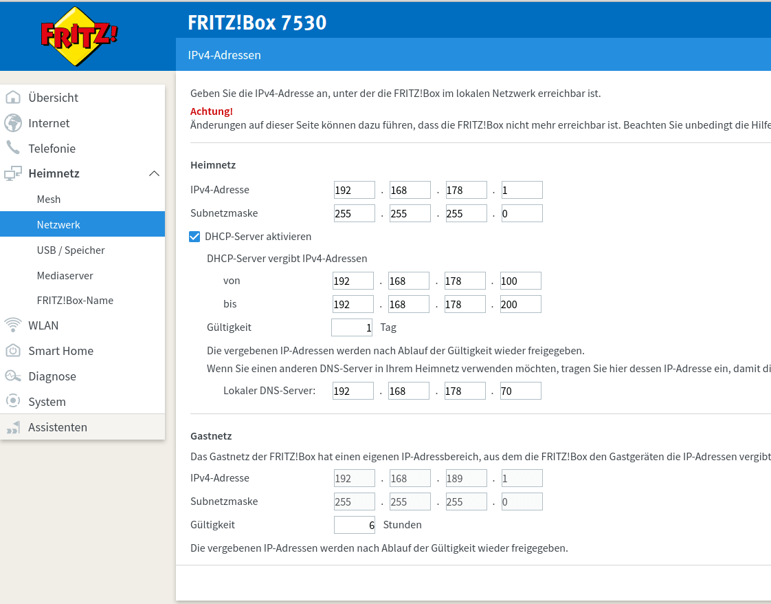 Screenshot der Fritz!Box DHCP Einstellungen